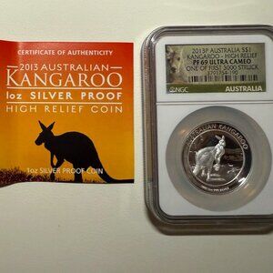 2013-P Australia Silver $1 Kangaroo High Relief NGC PF70 UCam one of first 3000